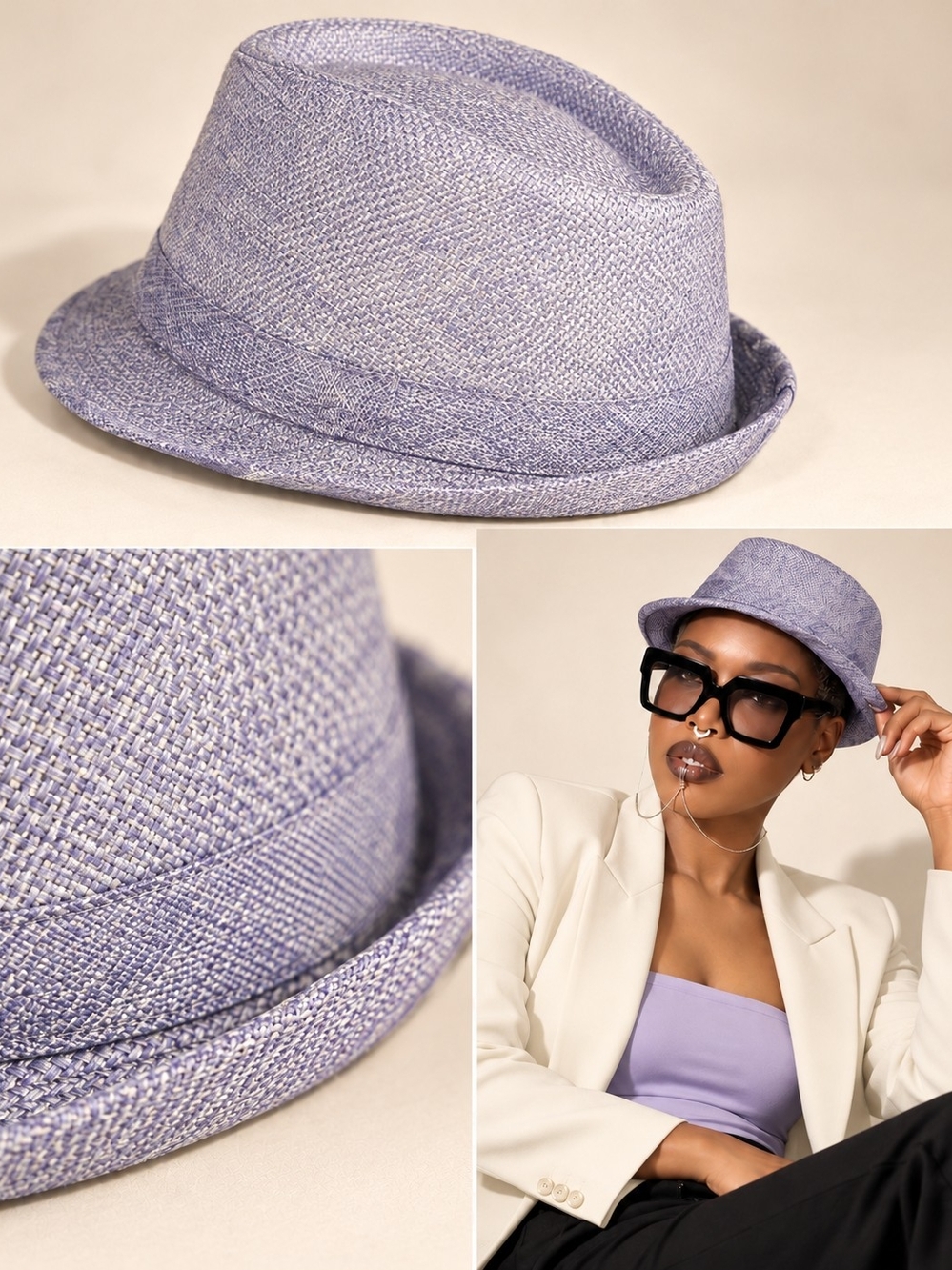 Lavender Textured Straw Fedora Hat - Women Accessories